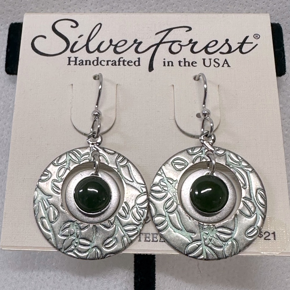 NWT Silver Forest earrings, leaf stamp detail, dark green stone accent…